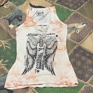 Affliction Women's White and Orange Winged Tank Top